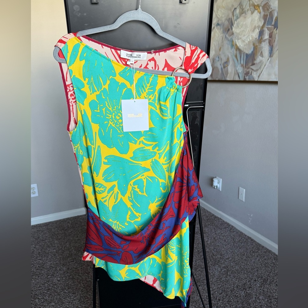 Diane Von Furstenberg Teal and Yellow Leaf Print Blouse
